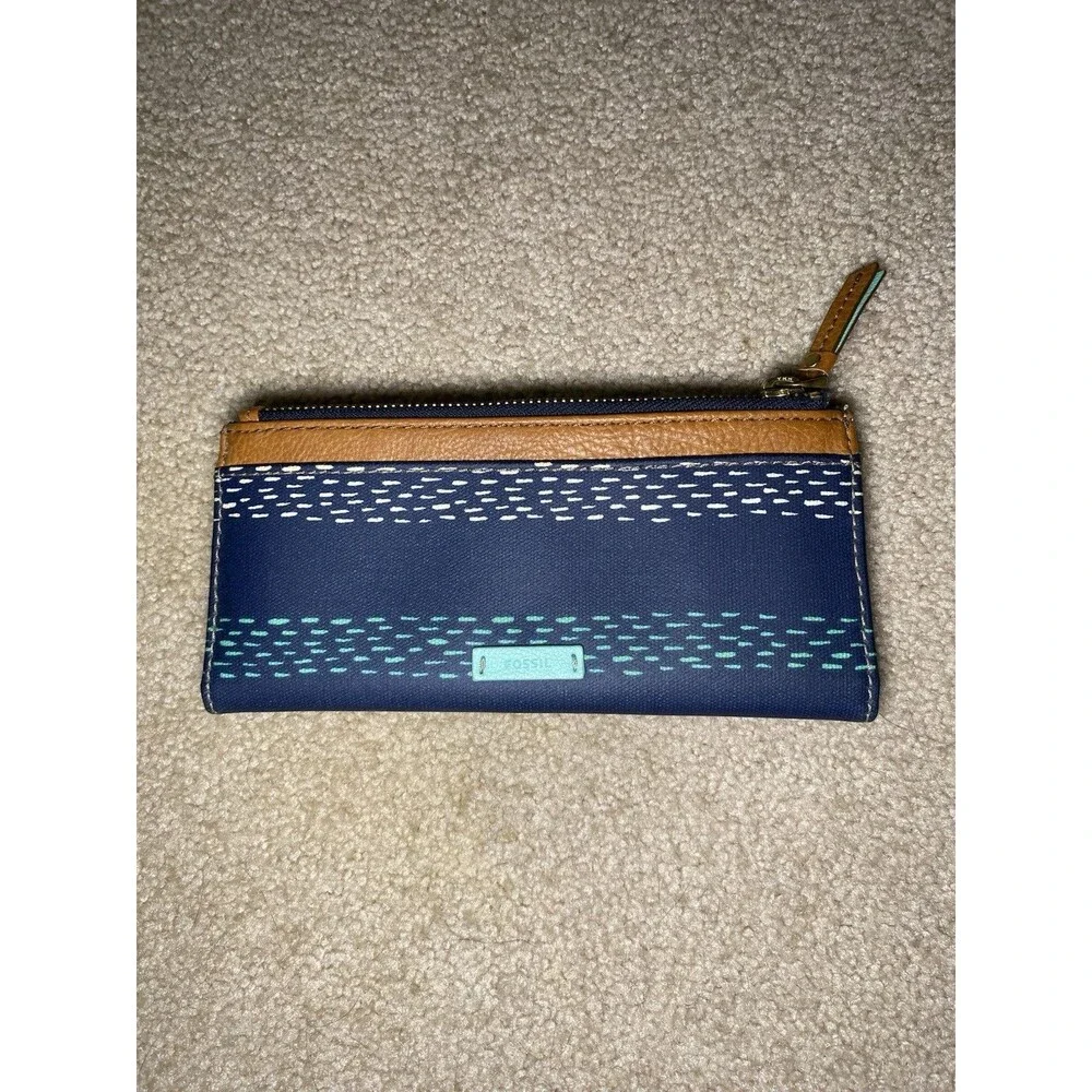 Fossil Logan Flap Clutch Navy Blue Teal Dash Canvas Leather